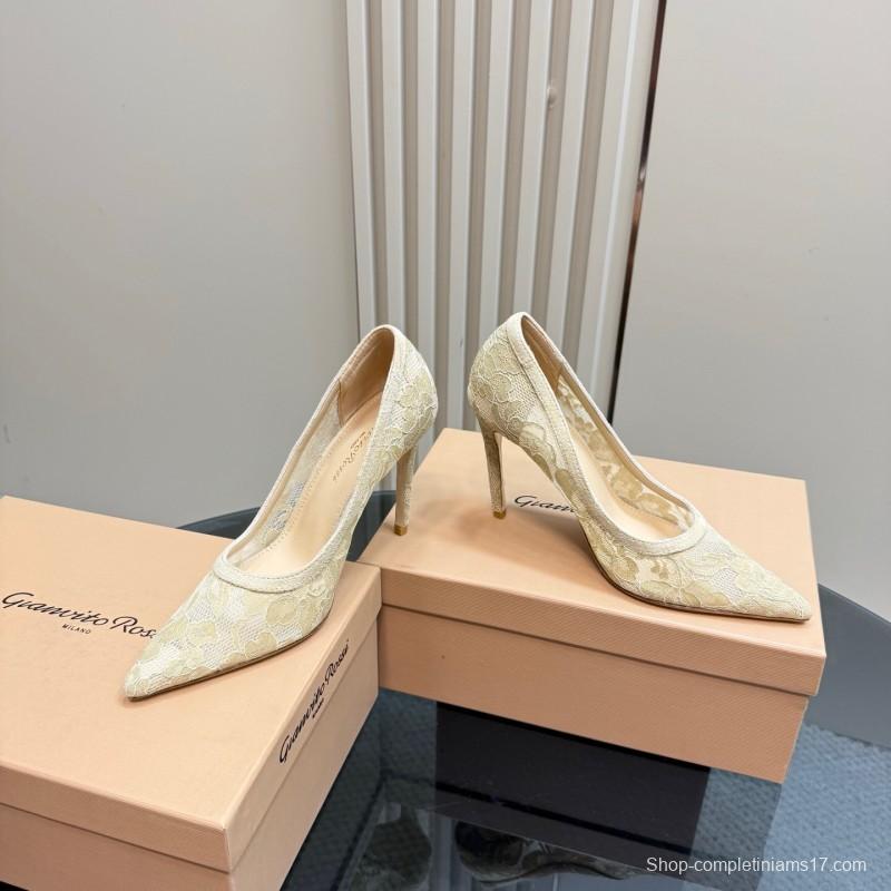 2025 Women Gianvito Rossi Beige Lace Leather High Heels KFY00280