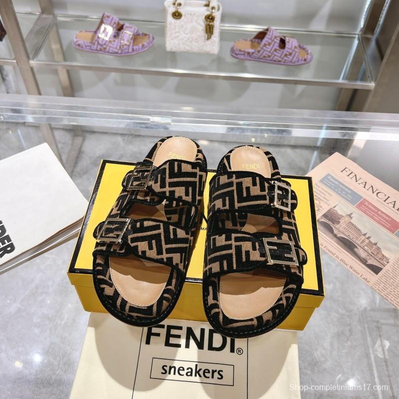 2025 Fendi Black Beige Fabric Slippers FF Buckle KFY00250