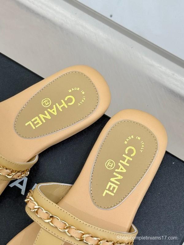 2025 Women Chanel Beige Lambskin Chain Toe Post Sandals KFY00250