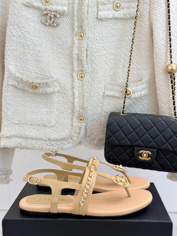 2025 Women Chanel Apricot Leather Sandals KFY00250