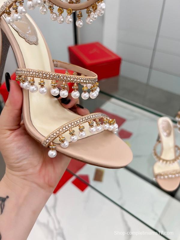 2025 Women RC Champagne Leather Crystal Pearl High Heel Sandal LY00360