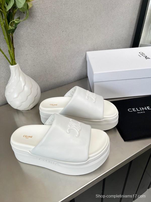 2025 Slippers Celine White Leather Platform Embossed LY00240
