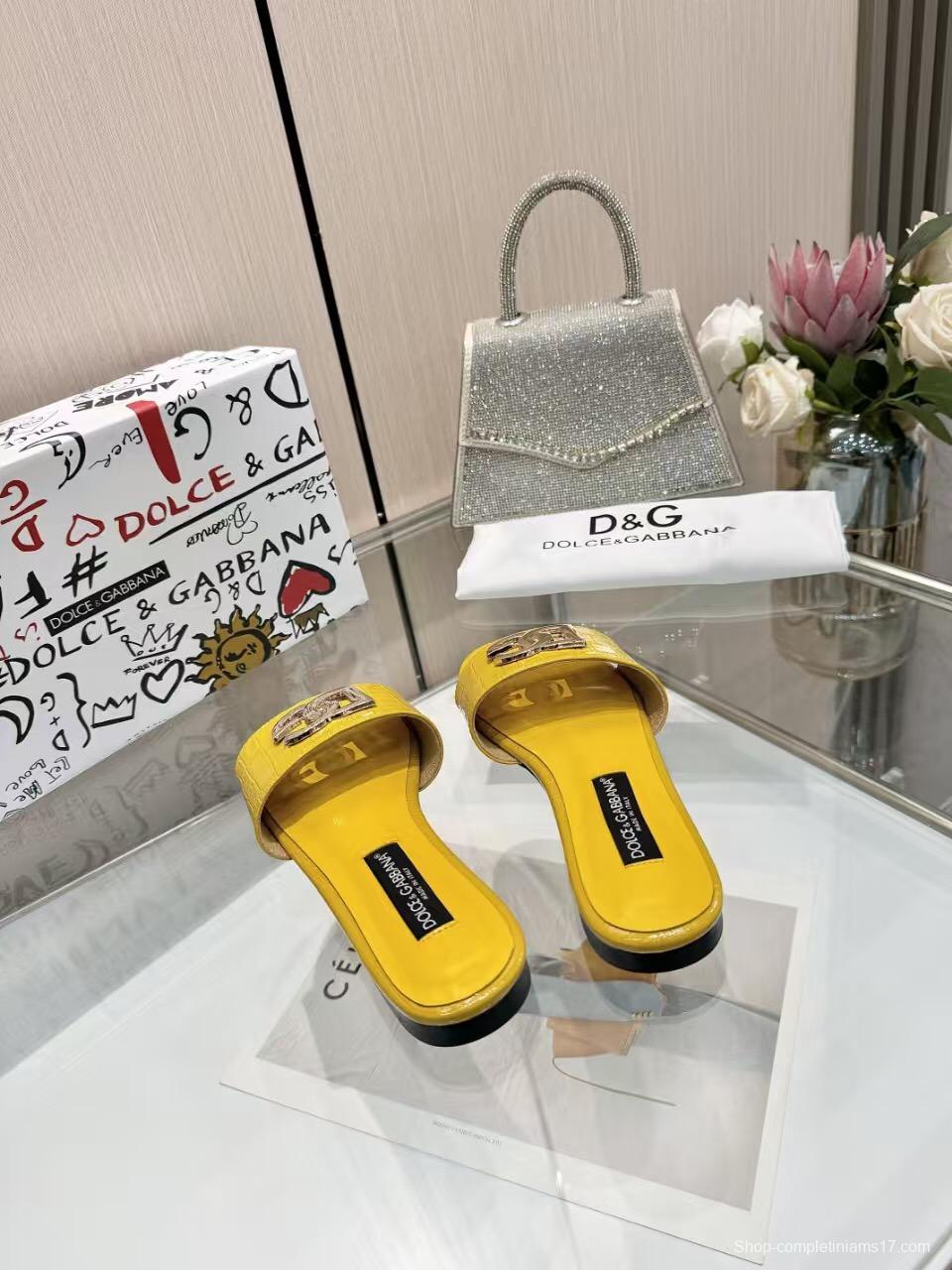 2025 Women Dolce & Gabbana Yellow Leather Slippers LY00190