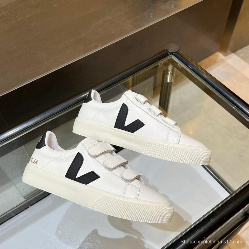 2025 Unisex VEJA White Black Leather Canvas Sneakers Velcro MJ00240(W/M)