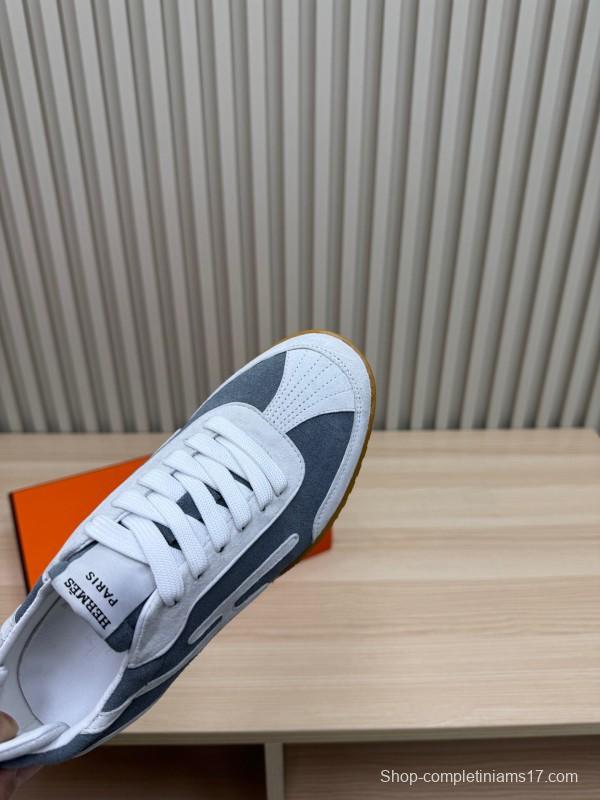 2025 Unisex Hermès White Grey Suede Canvas Sneakers KFY00300