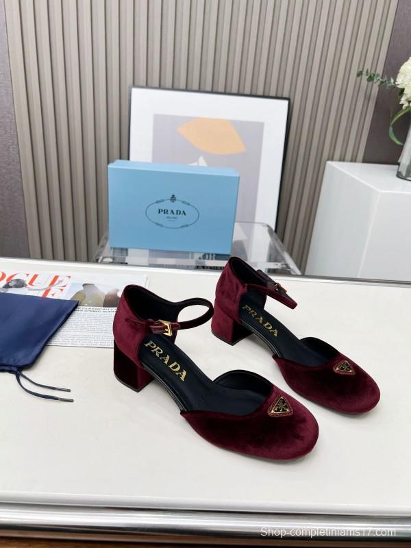 2025 Women Prada Burgundy Velvet Mary Jane Heel LY00270