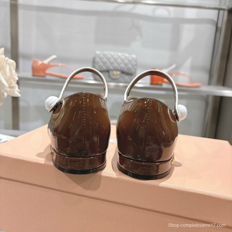 2025 Women Miu Miu Brown Leather T-Strap Flat Sandals KFY00289(F)