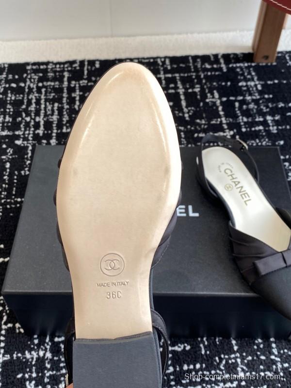 2025 Women Chanel Black Satin Silk Leather Sandals Bow KFY00289