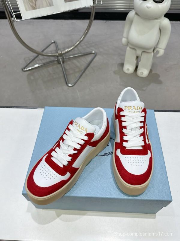 2025 Women Prada Red White Leather Sneakers KFY00310