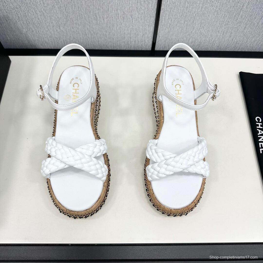 2025 Women Chanel White Leather Wedge Sandals