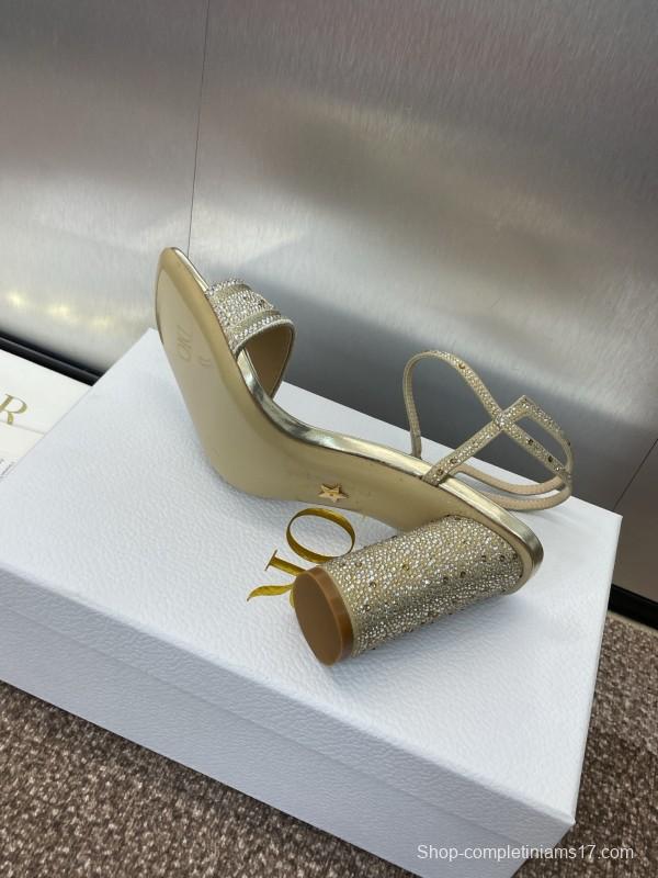 2025 Women Dior Gold Crystal Embellished Leather Sandals KFY00320