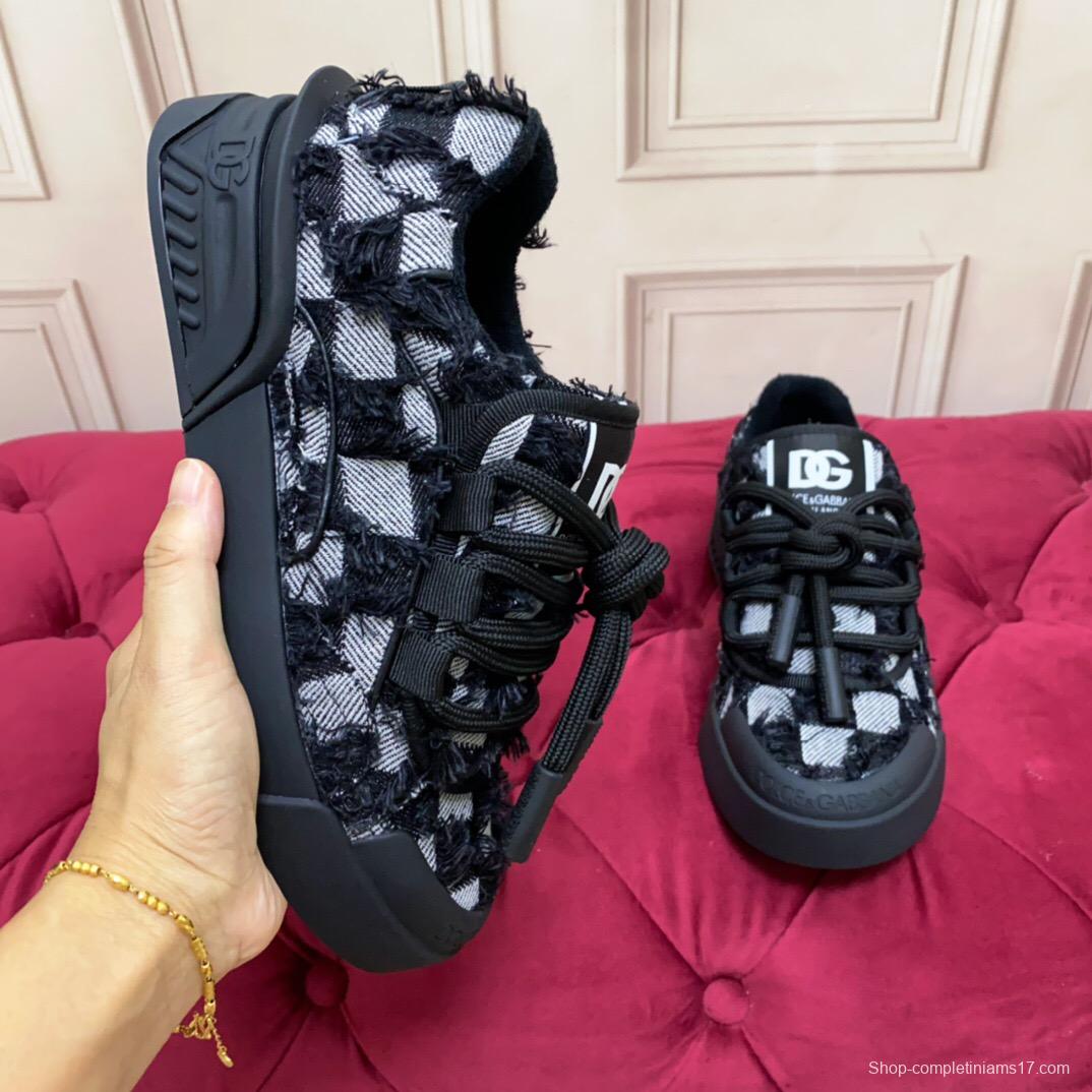 2025 Unisex Dolce & Gabbana Black White Fur Canvas Sneakers