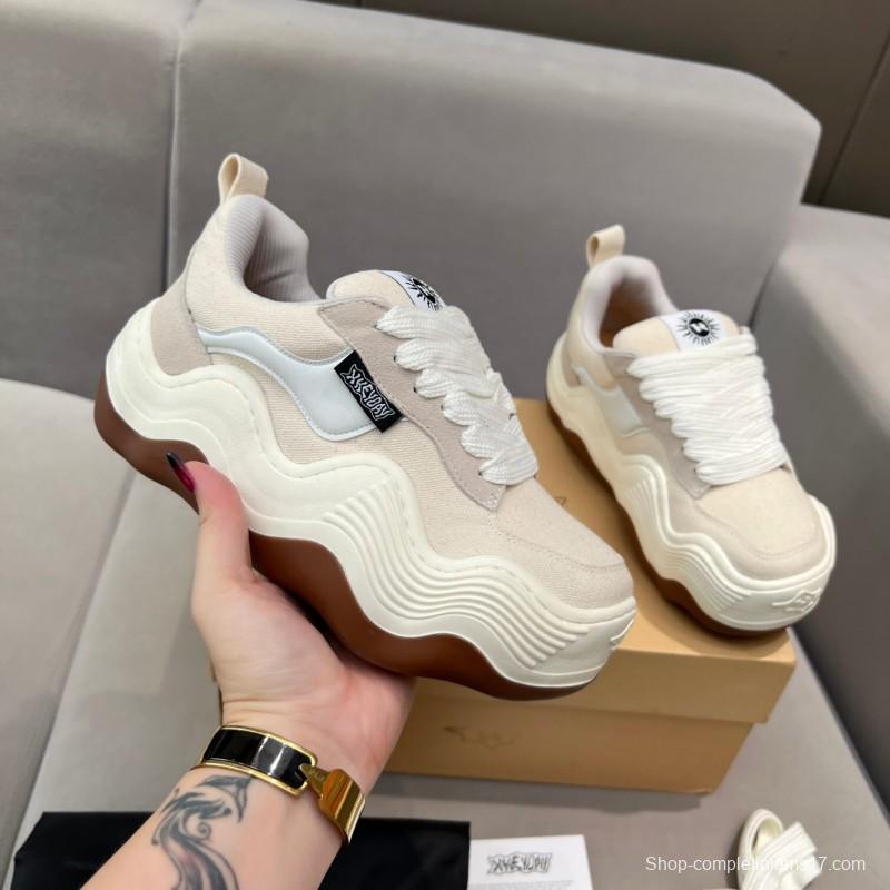 2025 Unisex HEYDAY Beige White Canvas Leather Wave Bread Sneakers KFY00260