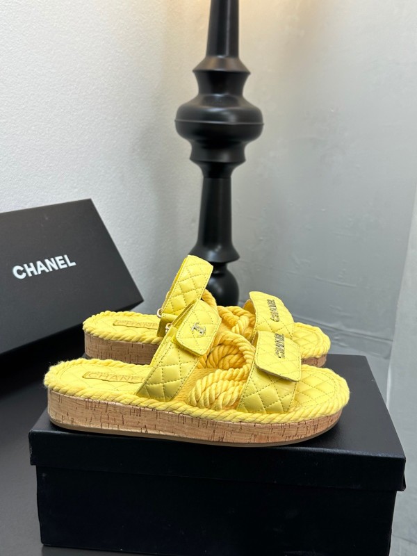 2025 CHANEL Yellow Quilted Fabric Slippers