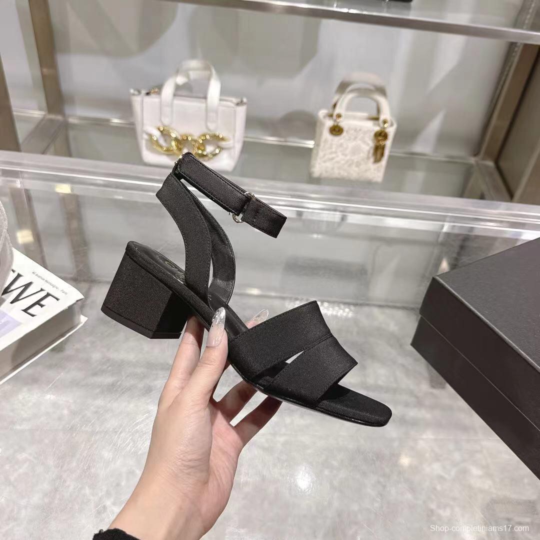 2025 Women Chanel Black Fabric Leather Sandals LY00280