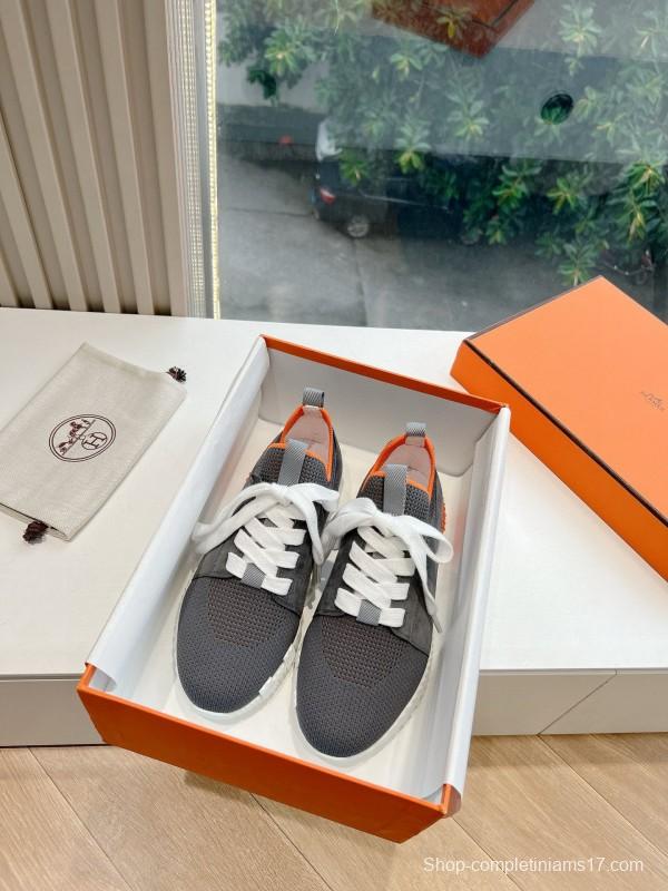 2024 Unisex Hermès Black Orange Calfskin Suede Sneakers MJ00290(M/W)