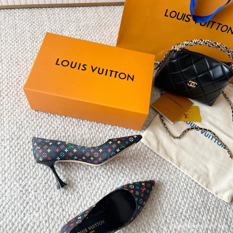 2025 Women Louis Vuitton Multicolor Canvas Leather Pumps