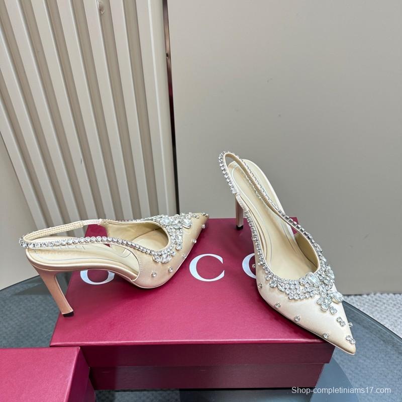 2025 Women Gucci Beige Silk Crystal Embellished Slingback Heels KFY00340