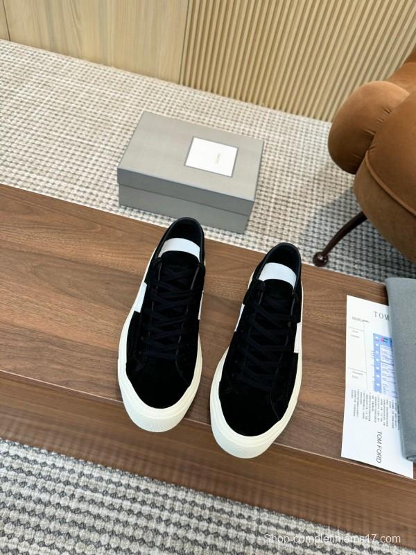 2025 Unisex TOM FORD Black White Suede Leather Sneakers