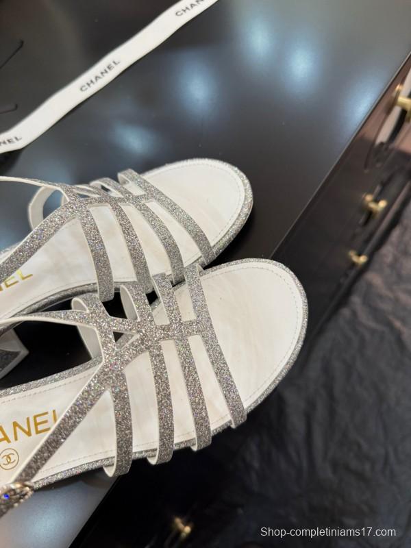 2025 Women Chanel White Synthetic Leather Sandals