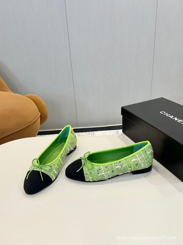 2025 Women Chanel Green Black Lambskin Ballet Flats LY00250