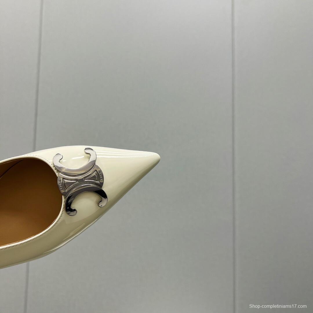 2025 Women Celine White Patent Leather Kitten Heel Pointed Toe Trimed KFY00290