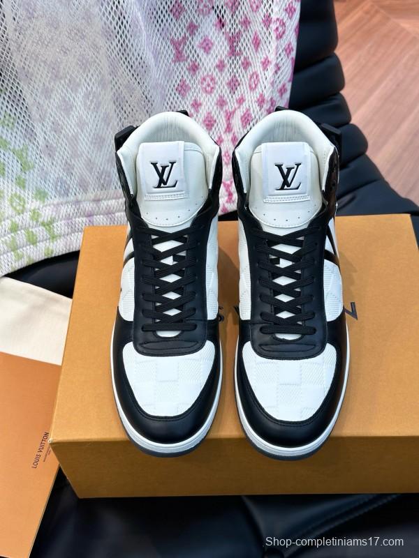 2024 Men Louis Vuitton Black White Leather High Top Sneakers MJ00420