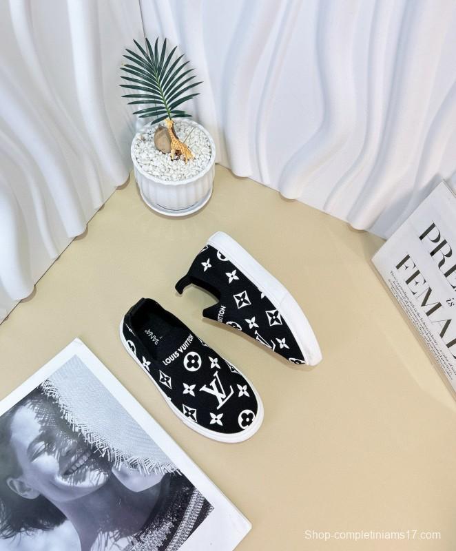 2024 Kids Louis Vuitton White Black Pink Canvas Slip-On Sneakers