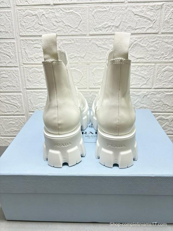 2024 Women Prada White Leather Chelsea Boots MJ00380
