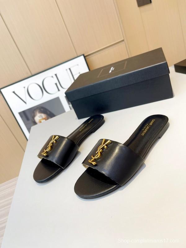 2025 Women Yves Saint Laurent Black Leather Slippers LY00180