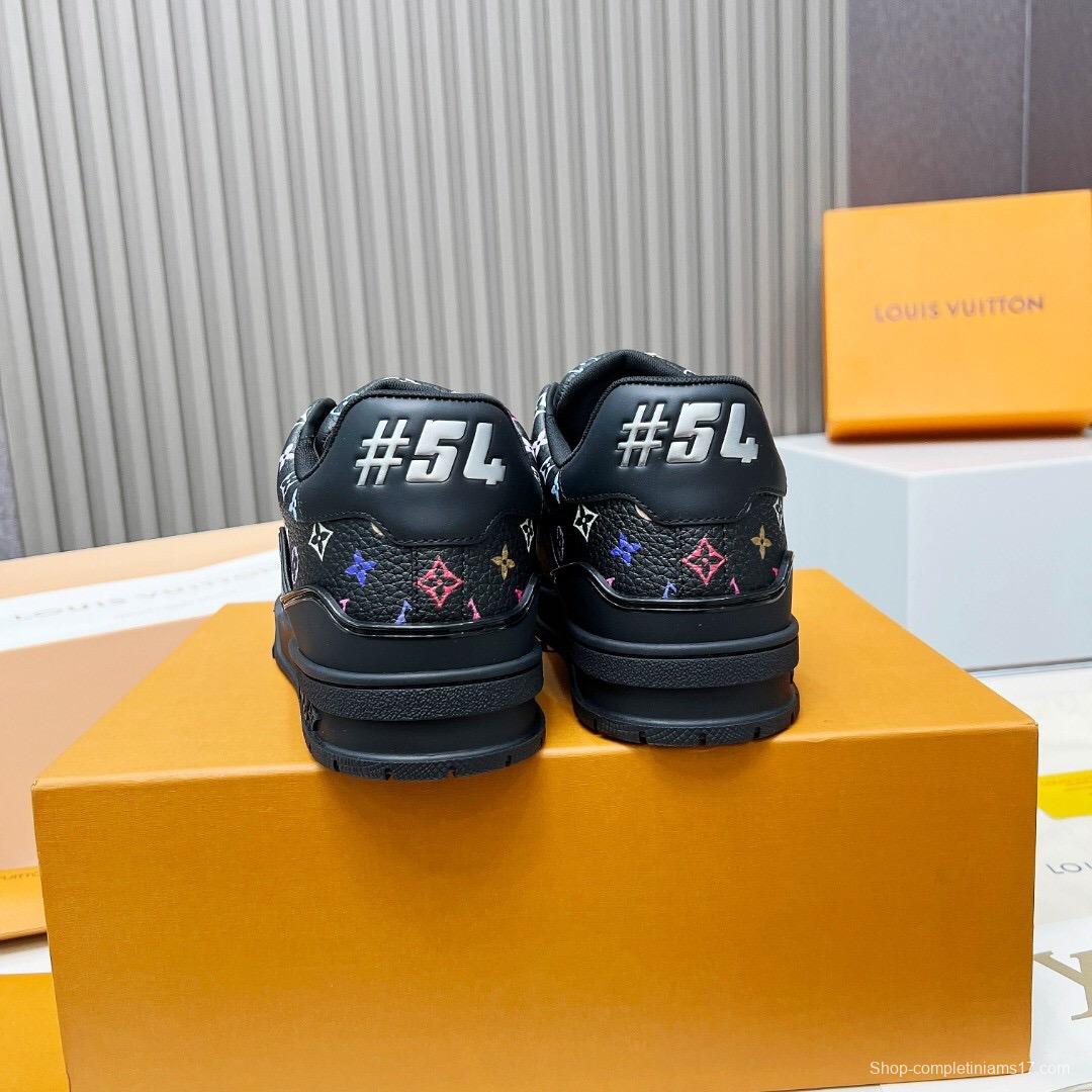 2025 Unisex Louis Vuitton Black Multicolor Leather LV Trainer Sneakers KFY00370