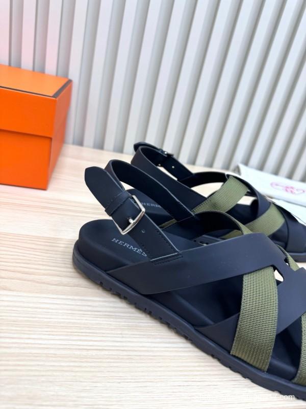 2025 Women Hermès Black Green Leather Nylon Sandals LY00270