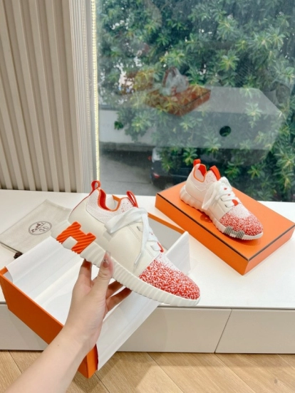2024 Unisex Hermès white orange leather knit sneakers