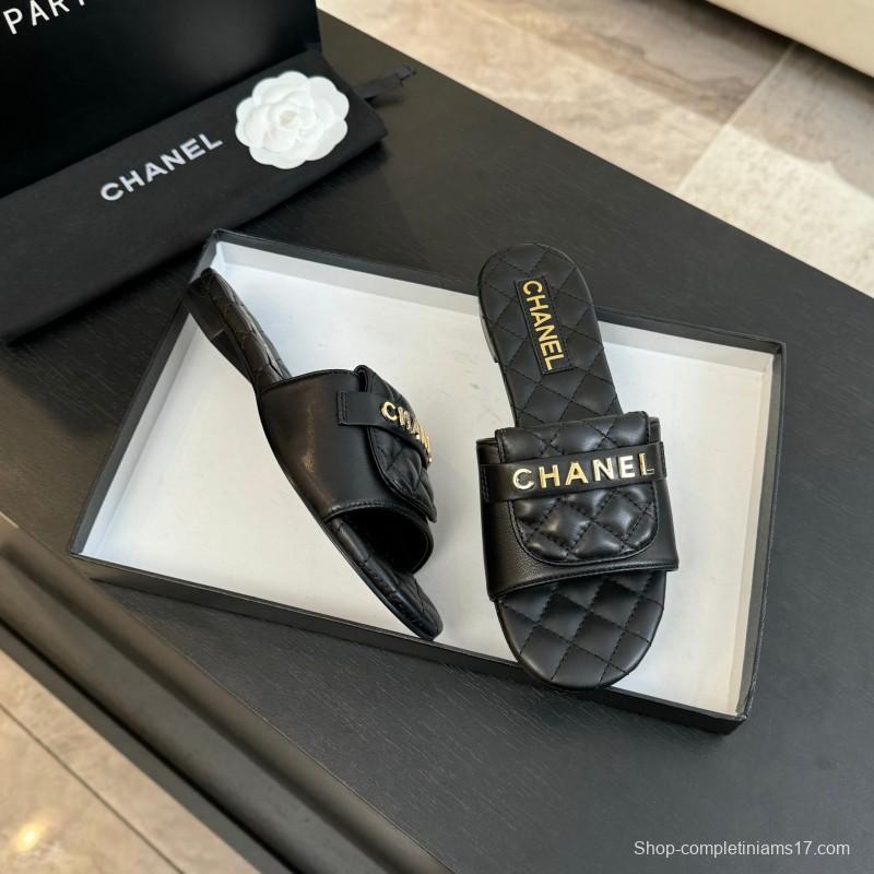 2025 Slippers Women Chanel Black Leather Slippers