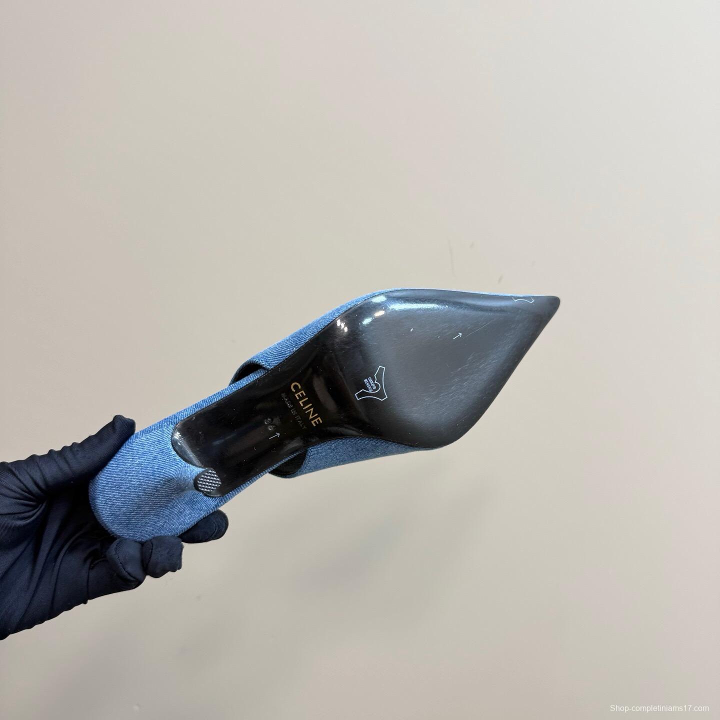 2025 Women CELINE Blue Denim Slingback Heels