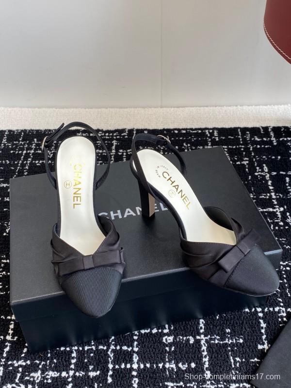 2025 Women Chanel Black Satin Leather High Heels Bow Slingback KFY00289