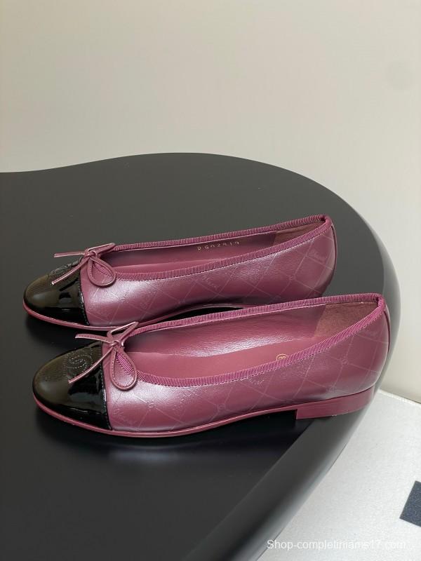 2025 Women Chanel Purple Black Leather Ballet Flats KFY00320