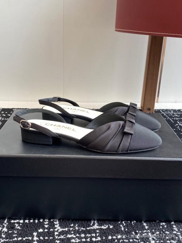 2025 Women Chanel Black Satin Silk Leather Sandals Bow KFY00289