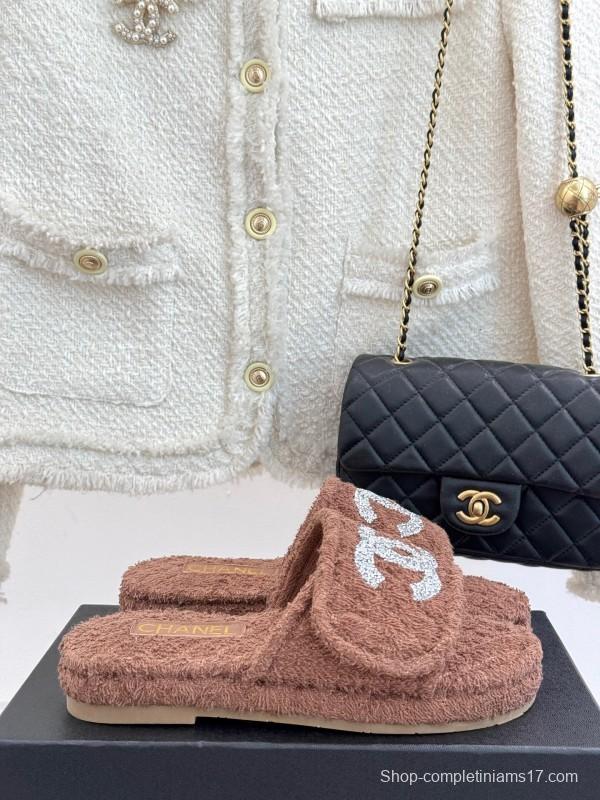 2025 CHANEL Brown Terrycloth Slippers CC Logo KFY00220
