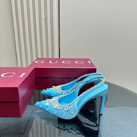 2025 Women Gucci Blue Silk Crystal Embellished Slingback High Heel KFY00340