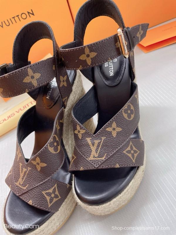 2025 Women Louis Vuitton Brown Leather Denim Espadrilles Wedge Sandals MJ00280