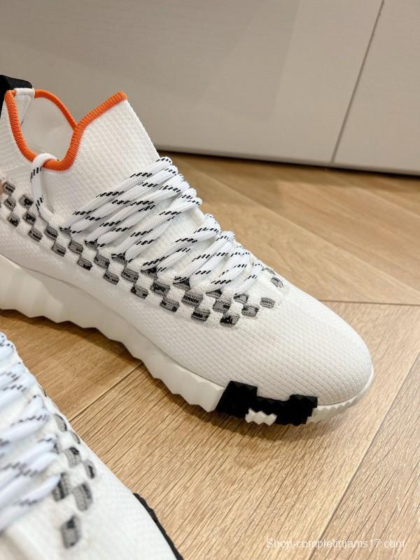 2024 Unisex Hermès White Grey Orange Calfskin Suede Knit Sneakers MJ00290(F/M)