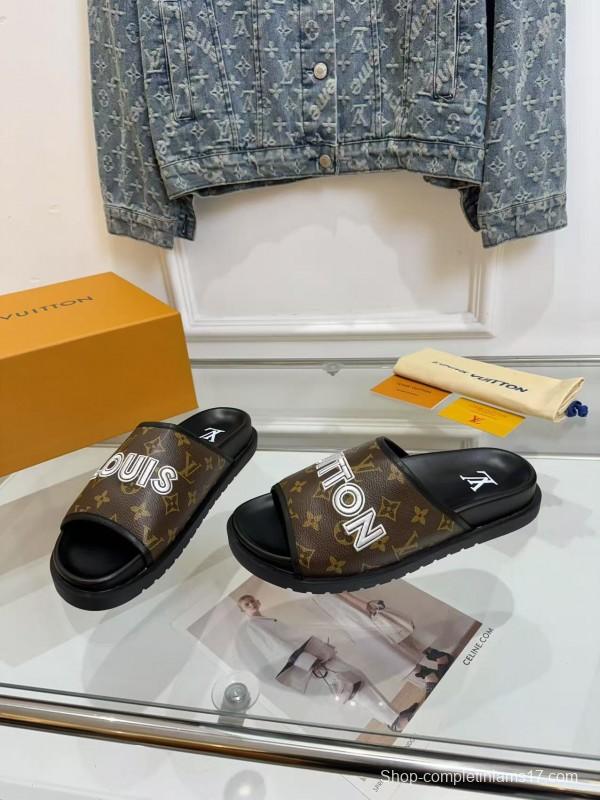 2025 Louis Vuitton Brown Black Leather Slippers LY