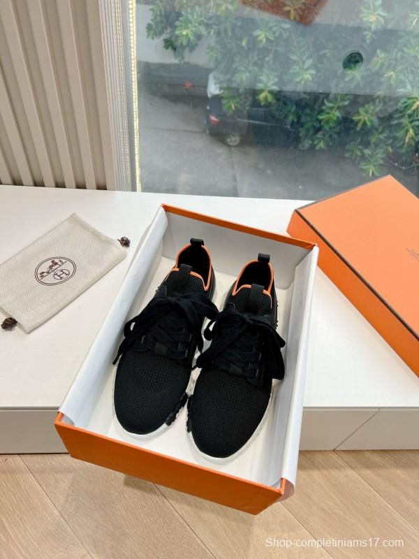 2024 Unisex Hermès Black Orange Knit Sneakers