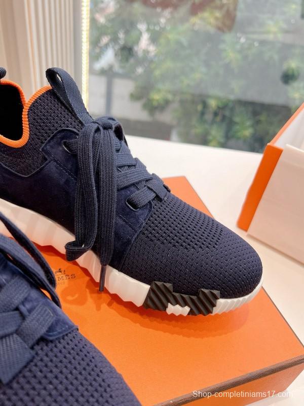 2024 Unisex Hermès爱马仕 Navy Orange White Knit Leather Sneakers MJ00290