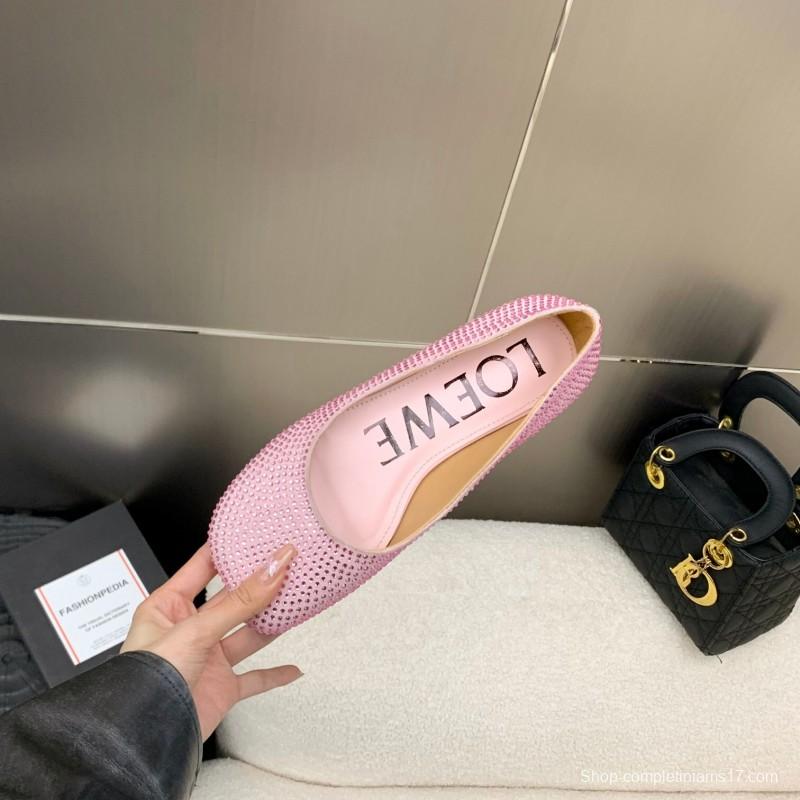 2025 Women Loewe Pink Lambskin Rhinestone Ballet Flats LY00291