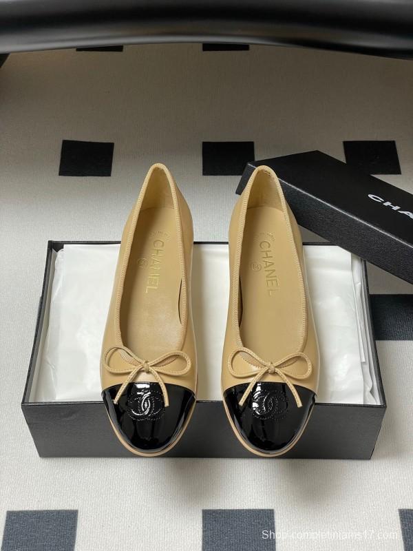 2025 Women Chanel Beige Black Leather Ballet Flat Bow