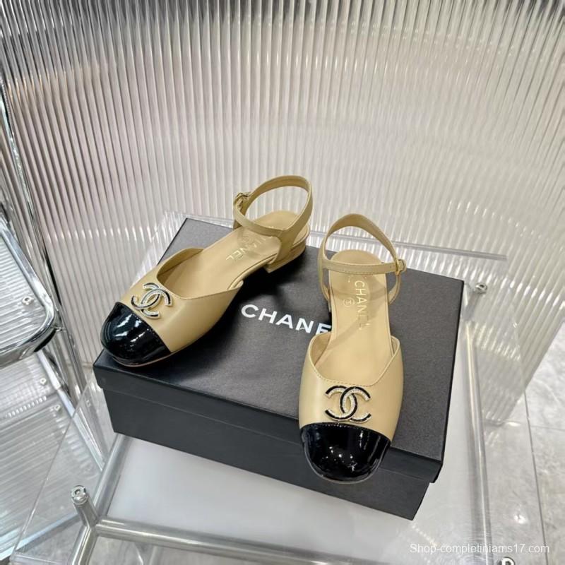 2025 Women Chanel Beige Black Leather Slingback Flat Sandals LY00260
