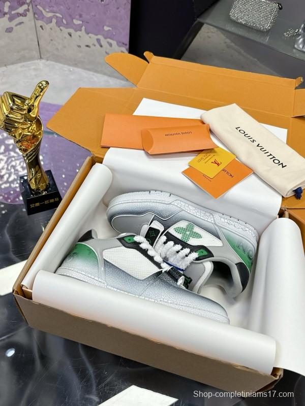 2024 Unisex Louis Vuitton Green White Leather Fabric Plimsolls Waxed Distressed Washed MJ00500