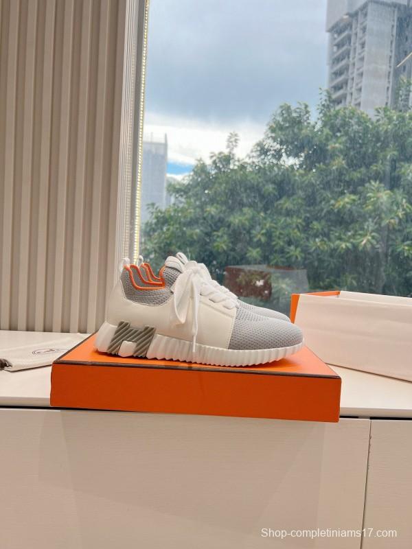 2024 Unisex Hermès Gray White Orange Calf Leather Suede Knit Sneakers MJ00290